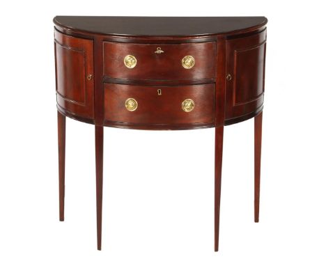 Walnut veneer demi lune commode with 2 doors and 2 drawers, marked inside drawer Baker Furniture Historic Charleston reproduc