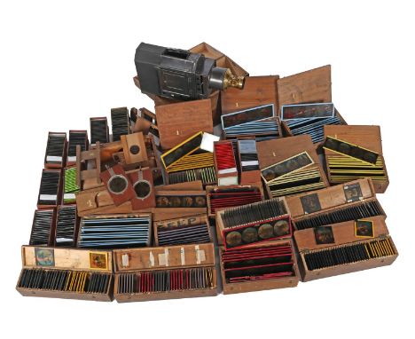 Magic lantern in wooden box, box 30 cm high, 48x19 cm, with large collection of glass plates with various images of fairy tal