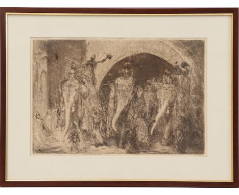 Marius Bauer (1867-1932)Elephant Procession, Hyderabad, 1932, etching 35x51 cm, one of Bauer's last etchings