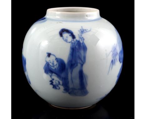 Porcelain egg-shaped tea caddy with blue and white decoration of long list and fools near rock, marked with artemisia leaf, C