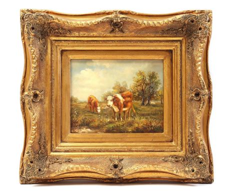 Monogram RT, landscape with cows after old master, panel 20x24 cm