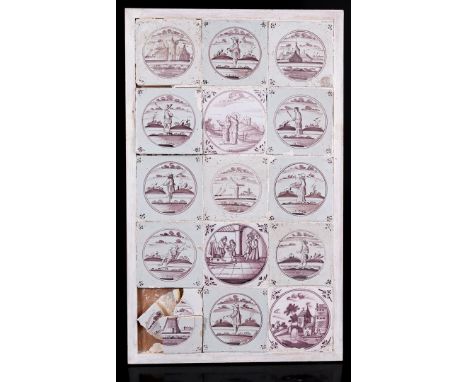 Manganese tile tableau of 20 tiles with a decor of Biblical scenes in a wooden frame, Holland 18th century, 56x69 cm (various