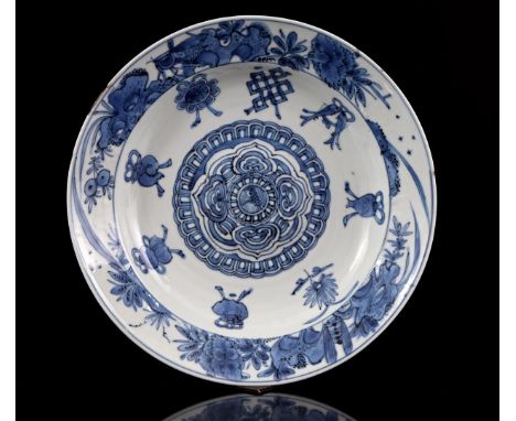Porcelain dish with blue and white floral decor in rim with wasp near rock and Taoist symbols, bulge in heart, China Kangxi p