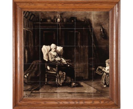 Earthenware tile tableau consisting of 25 tiles depicting an interior with knitting mother and child with footstool, after a 