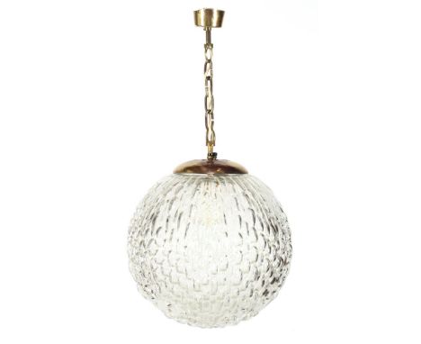 Glass spherical hanging lamp with relief structure, set in copper frame, Germany ca. 1970, 63 cm high, sphere 30 cm diameter