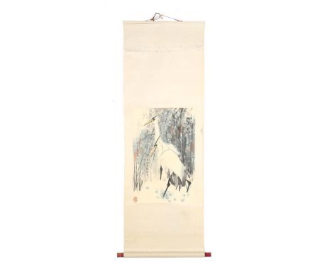 Scroll depicting egrets, lithograph paper on linen, China 20th century, 164x56 cm, incl. stick below 65 cm wide