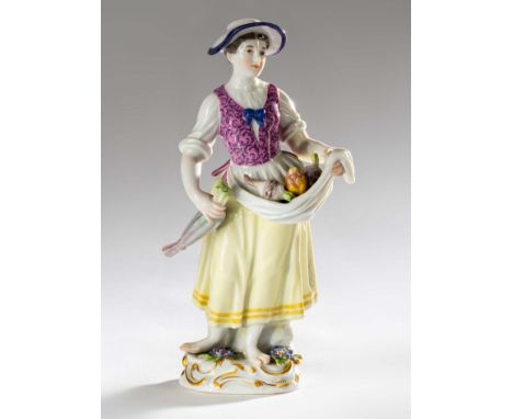 Figur "Gärtnerin" Meissen, weißes Porzellan mit polychromer Aufglasurmalerei. Blaue Schwertermarke, Modellnummer 1045, Bossie