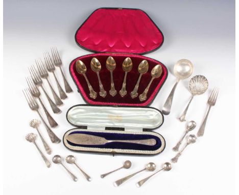 A set of six George V silver Hanoverian pattern dessert forks, Sheffield 1924 by William Hutton &amp; Sons Ltd , and a group 