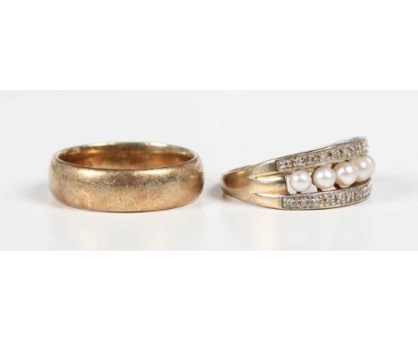 A 9ct gold wedding ring, London 1995, ring size approx R1/2, and a 9ct gold, cultured pearl and diamond ring, mounted with a 