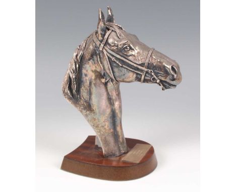 An Elizabeth II silver bust of the racehorse 'Far Dawn', designed by David Geenty, on a plinth applied with presentation plaq