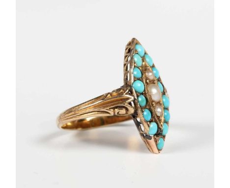 A late Victorian gold, turquoise and half-pearl marquise shaped cluster ring with decorated shoulders, unmarked, weight 3.8g,