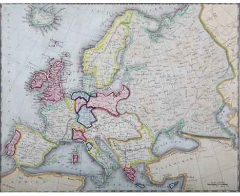 W. Newton – ‘Europe’, manuscript and watercolour map on paper backed onto card, signed and dated 1849, sheet size 44.5cm x 55