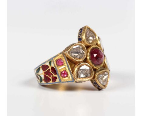 A Middle Eastern gold, ruby, diamond and varicoloured enamelled ring, probably Indian, designed as a flowerhead, mounted with