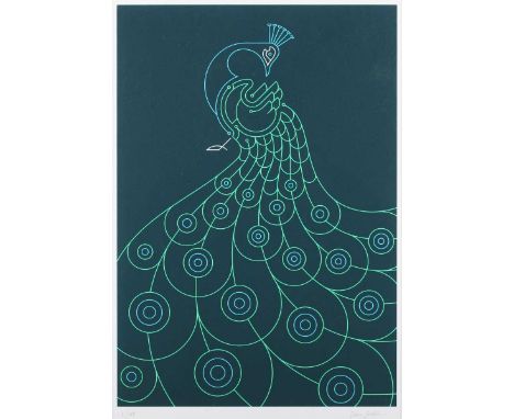 Dan Forster – ‘Peacock’, 21st century screenprint, signed and editioned 3/125 in pencil, 39cm x 26.5cm, within a painted wood