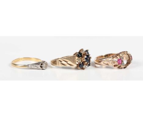 A gold, platinum and diamond single stone ring, detailed ‘18ct Pt set’, weight 1.7g, ring size approx M, a 9ct gold, sapphire