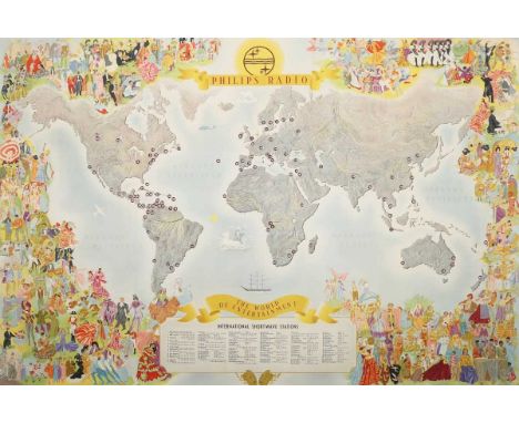 Ensak (designer) – ‘Philips Radio, the World of Entertainment’ (Philips Radio Map), mid-20th century lithograph in colours, p