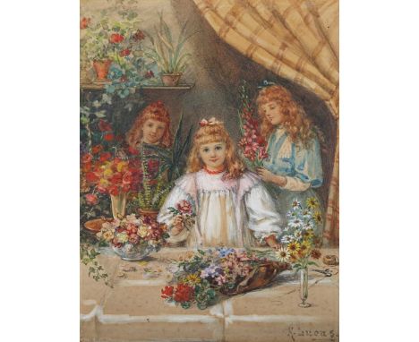 K. Lucas – ‘At our Flower Stall’, 19th century watercolour with gouache, signed recto, titled and dated ‘98 to exhibition lab