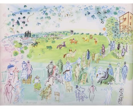 After Raoul Dufy – ‘Ascot 1935’, 20th century offset lithograph, 50.5cm x 65.5cm, within a stained wood frame.