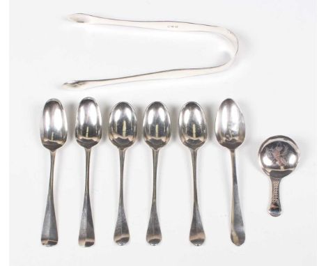 A George III silver caddy spoon, the circular bowl engraved with an oak leaf and acorn sprig, with a woven effect handle, Bir