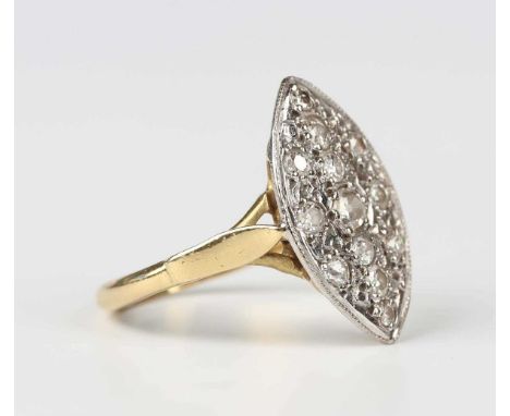 An 18ct gold and diamond marquise shaped ring, mounted with old cut diamonds, Sheffield 1993, weight 4.7g, total diamond weig