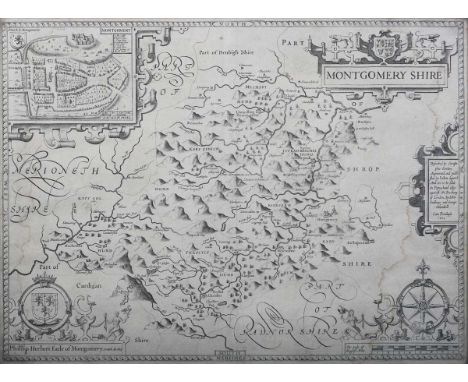 John Speed – ‘Montgomeryshire’ (Map of the County of Montgomeryshire), 17th century engraving on laid paper, 39.5cm x 53cm, w