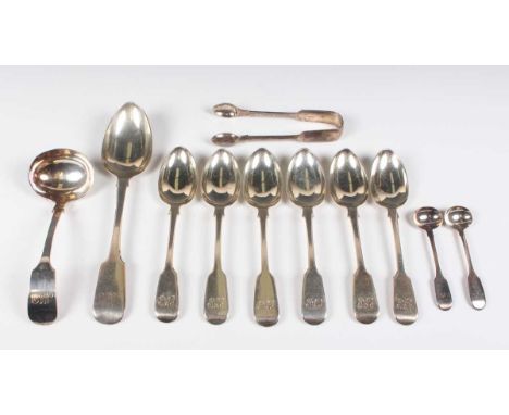 A set of six Victorian silver Fiddle pattern dessert spoons, London 1860 by John Le Gallais, length 17.8cm, an Irish silver F