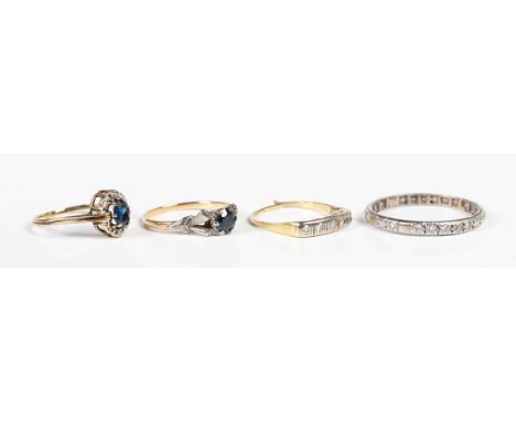 A 9ct gold, sapphire and diamond cluster ring, weight 1.6g, ring size approx O, a gold and diamond five stone ring, indistinc