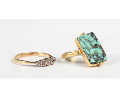 A gold ring, mounted with a rotating rectangular turquoise matrix, probably Asian, unmarked, weight 4.9g, ring size approx K,