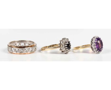 A gold, amethyst and diamond oval cluster ring, detailed ‘18ct’, weight 3.3g, ring size approx J1/2, a 9ct gold, sapphire and