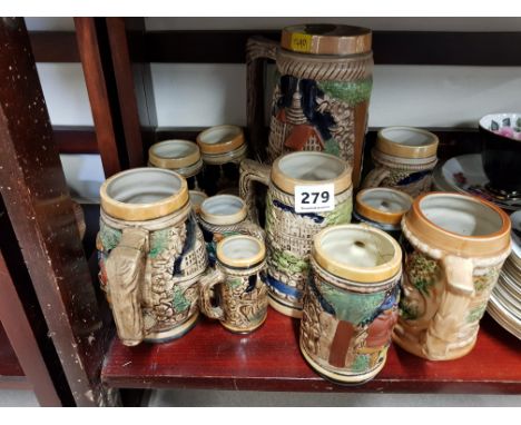 SHELF LOT OF BEER STEINS