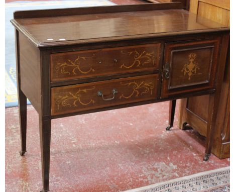 An Edwardian mahogany and marquetry sideboard 105cm wide and an oval lamp table, a 19th Century mahogany chest with two short