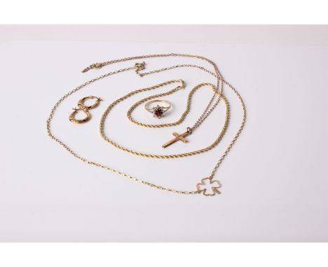 A 9ct gold cross on chain, a garnet ring, two gold chain necklaces, a pair of gold earrings and other earrings in a case 