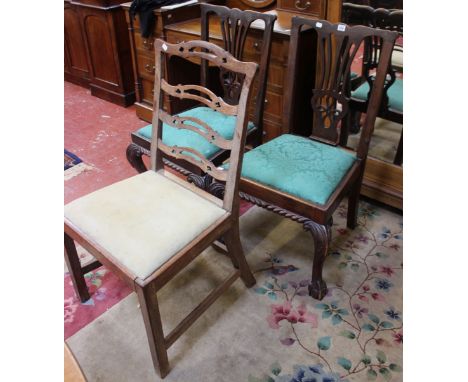 A pair of Chippendale style mahogany side chairs each with carved splat and cabriole legs on ball and claw feet, a  coffee ta