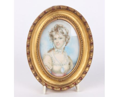 A painted portrait miniature on ivory 'HM Lady Mary', 10cm x 7cm in oval gilt frame 