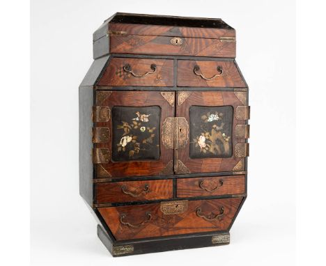 An antique Japanese jewelry box or cabinet inlaid with hardwood and mother of pearl. Circa 1900.Dimensions: (D:18 x W:39 x H: