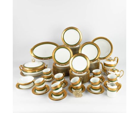 Limoges France, a 99-piece porcelain dinner and coffee service. All parts finished with gold plated and green porcelain.&nbsp