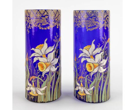 François-Théodore LEGRAS (1839-1916) 'Blue roll vases with enamel decor. Mont Joye'Dimensions: (H:24 x D:10 cm)