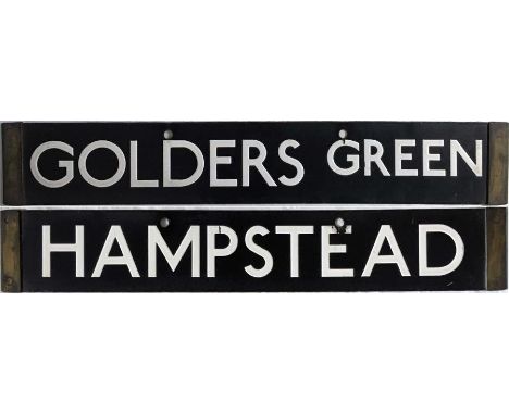 London Underground 38-Stock enamel DESTINATION PLATE for Golders Green/Hampstead on the Northern Line. Double-sided, reversab
