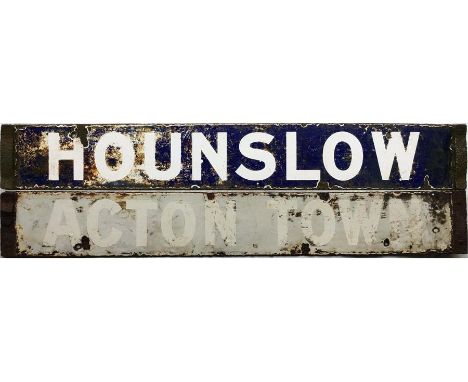 London Underground double-sided enamel DESTINATION PLATE Hounslow (on a blue background)/Acton Town (on a light grey backgrou