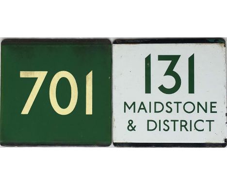 Pair of London Transport bus/coach stop enamel E-PLATES for Green Line route 701 in cream on green and Maidstone &amp; Distri