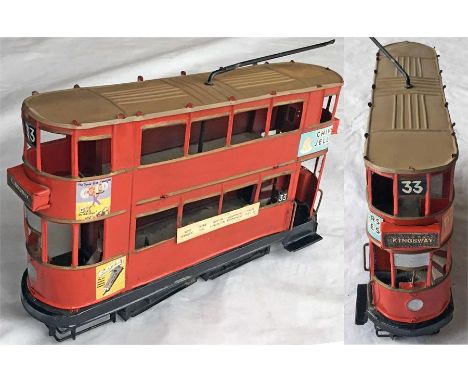 Scratch-built, tin-plate MODEL of a London Tram on route 33 with destination 'Kingsway'. A well-detailed model with adverts &