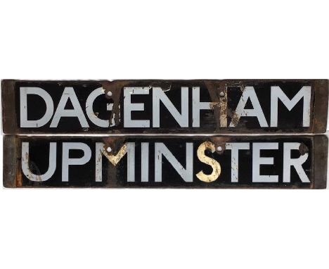 London Underground Q-Stock enamel DESTINATION PLATE for Dagenham/Upminster on the District Line. Double-sided, reversable, wi