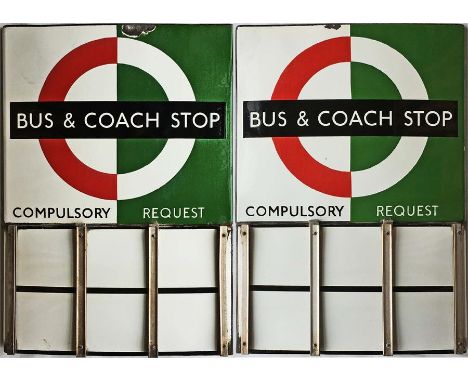 London Transport enamel BUS & COACH STOP FLAG (bus compulsory, coach request). A 1950s/60s 'bullseye'-style, E6-size, double-