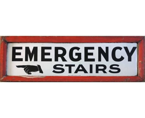 Early London Underground ENAMEL SIGN 'Emergency Stairs' with the classic pointing hand design. Manufactured by the Patent Ena
