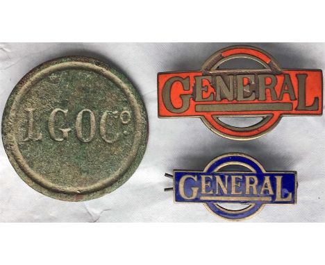 London General Omnibus Co BADGES comprising a CAP BADGE, the red version issued to crews in the late 1920s on the General's c