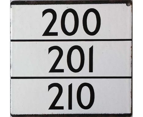 London Transport bus stop enamel E-PLATE for routes 200, 201, 210. Although in black, rather then green, lettering and with n