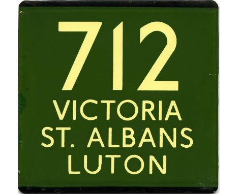 London Transport coach stop enamel E-PLATE for Green Line route 712 destinated Victoria, St Albans, Luton. This would probabl