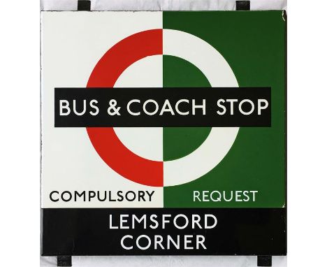 1950s/60s London Transport enamel BUS STOP SIGN ' Bus &amp; Coach Stop - Lemsford Corner" from the "Keston"-type wooden shelt