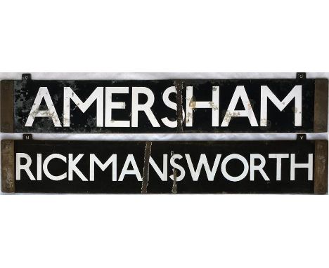 London Underground CO/CP Stock enamel DESTINATION PLATE for Amersham/Rickhamsworth on the Metropolitan Line. Double-sided, re