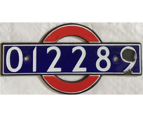 London Underground enamel 'bullseye' STOCK-NUMBER PLATE from 1938 tube stock trailer 012289. These plates were fitted inside 